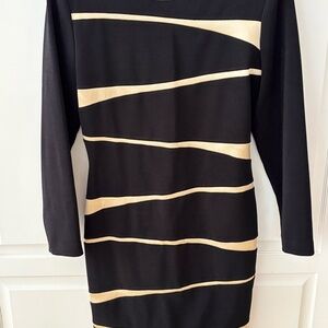 Joseph Ribkoff Black Bodycon Knit Dress‎ Gold Diagonal Blocking Size 8 Vintage